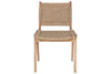 The Vinay Woven Armless Dining Chair by nkuku features acacia wood with a woven jute seat and back, shown front-facing on a white background. Its simple, rustic design highlights natural materials.