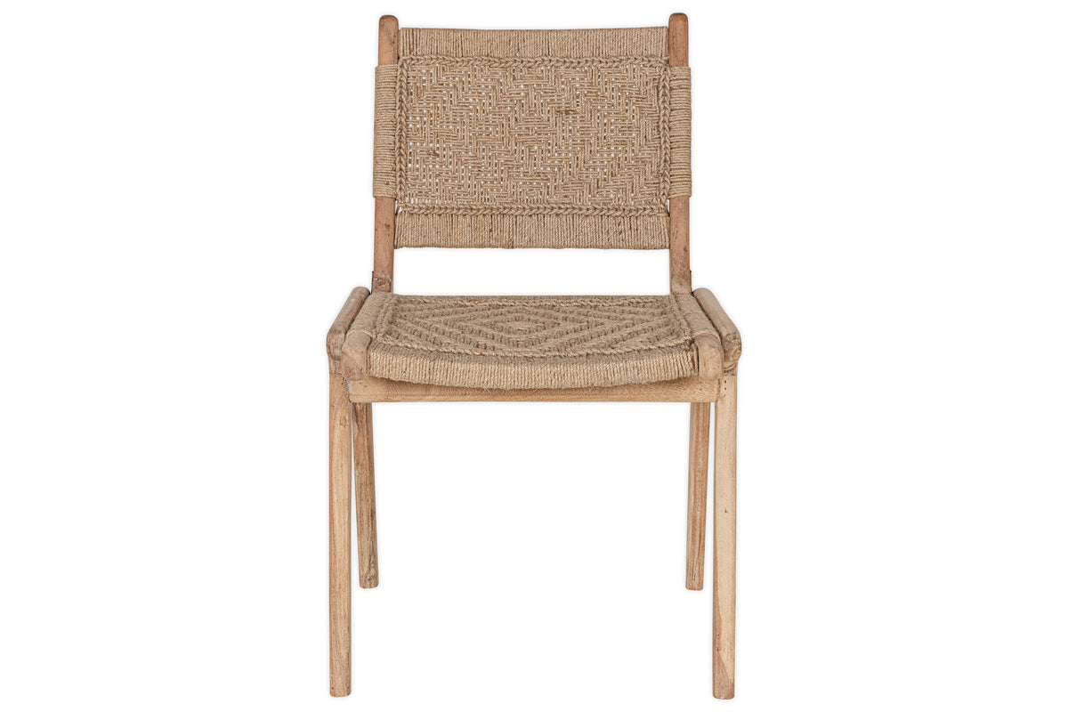 The Vinay Woven Armless Dining Chair by nkuku features acacia wood with a woven jute seat and back, shown front-facing on a white background. Its simple, rustic design highlights natural materials.