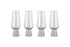 A set of four nkuku Visla Champagne Flutes in clear, hand-blown glass with wide, sturdy bases is arranged in a row on a white background.