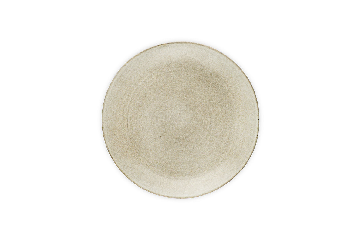 The Valinha Earthenware Dinner Plate by nkuku is a simple, round, grey ceramic plate with a subtle textured pattern, part of a refined tableware collection, shown from above on a white background.
