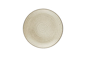 The Valinha Earthenware Side Plate by nkuku features a round, grey ceramic design with a textured spiral pattern and a slightly darker rim, viewed from above on a white background—a subtly elegant tableware piece.