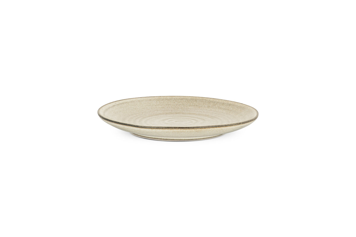 The nkuku Valinha Earthenware Side Plate in grey is a round, shallow ceramic plate with a textured spiral design, shown on a plain white background.