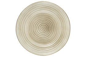 The nkuku Valinha Earthenware Round Platter in grey is an oversized ceramic platter featuring a textured concentric circle pattern and a reactive glaze.