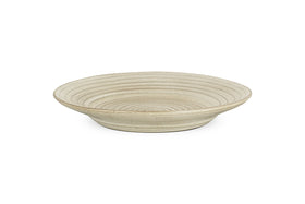 The nkuku Valinha Earthenware Round Platter in grey features a reactive glaze, shallow depth, and concentric ridges, adding stylish charm to your serveware collection. Set against a white background.