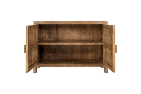 The nkuku Yasha Reeded Mango Wood Sideboard features two open doors revealing an interior shelf, natural finish, and simple rectangular design. It stands on four short legs and adds elegance to any space.