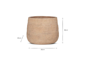 The nkuku Zadie Terracotta Planter - Natural - Large is a round, beige planter with subtle textured geometric patterns, measuring 50cm wide and 36cm tall, displayed on a plain white background.