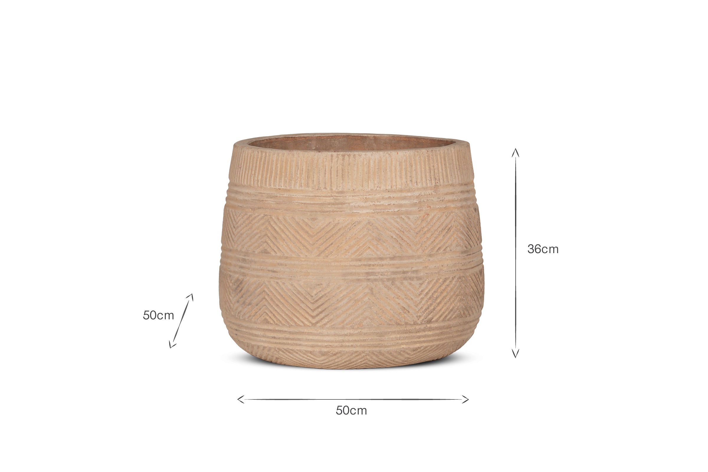 The nkuku Zadie Terracotta Planter - Natural - Large is a round, beige planter with subtle textured geometric patterns, measuring 50cm wide and 36cm tall, displayed on a plain white background.