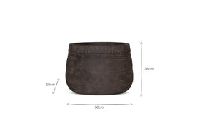 The nkuku Zadie Terracotta Planter in Grey (Large) features a round, dark textured design with horizontal and diagonal patterns, measuring 50 cm diameter x 39 cm height. The planter is centered on a white background with labeled dimension arrows.