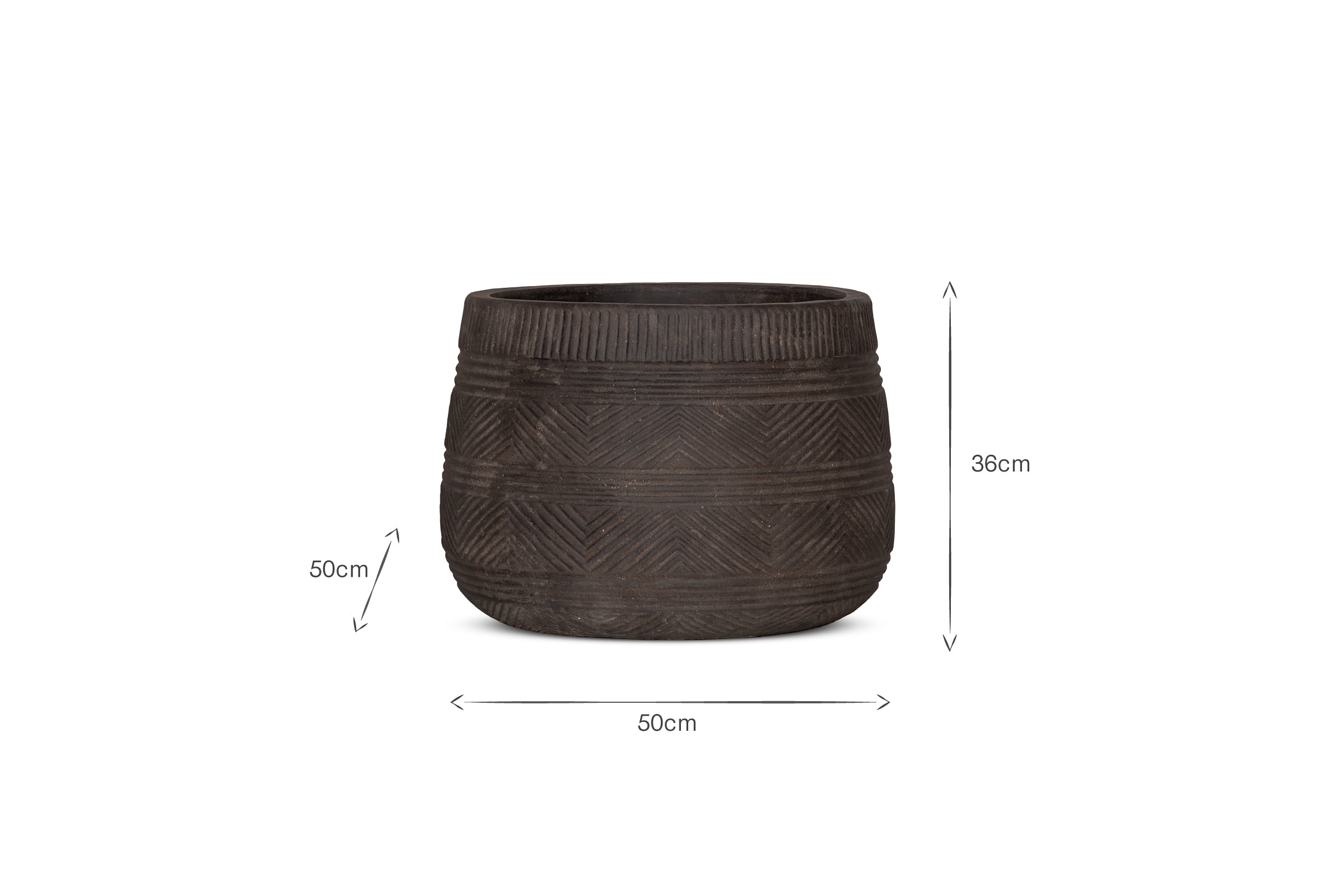The nkuku Zadie Terracotta Planter in Grey (Large) features a round, dark textured design with horizontal and diagonal patterns, measuring 50 cm diameter x 39 cm height. The planter is centered on a white background with labeled dimension arrows.