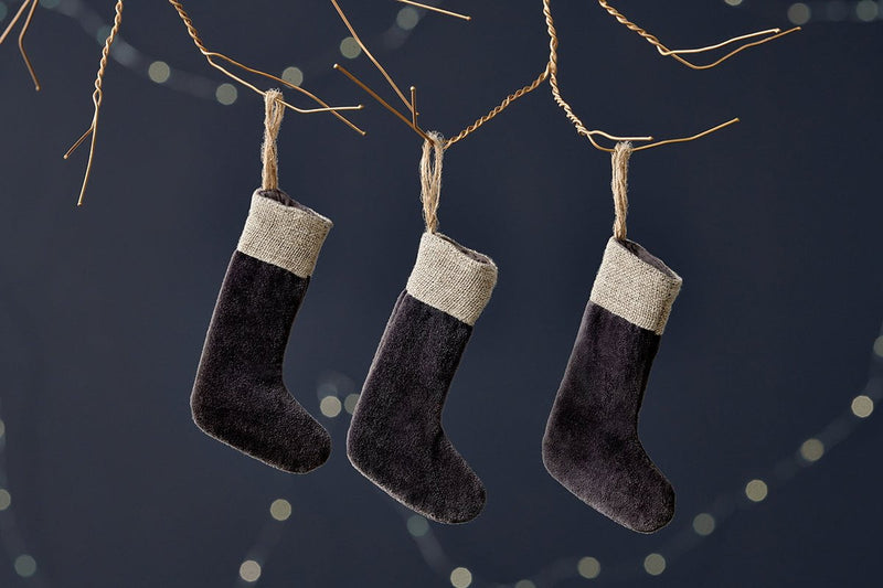 nkuku CHRISTMAS DECORATIONS Karru Cotton Velvet Mini Stocking - Charcoal - (Set of 3)