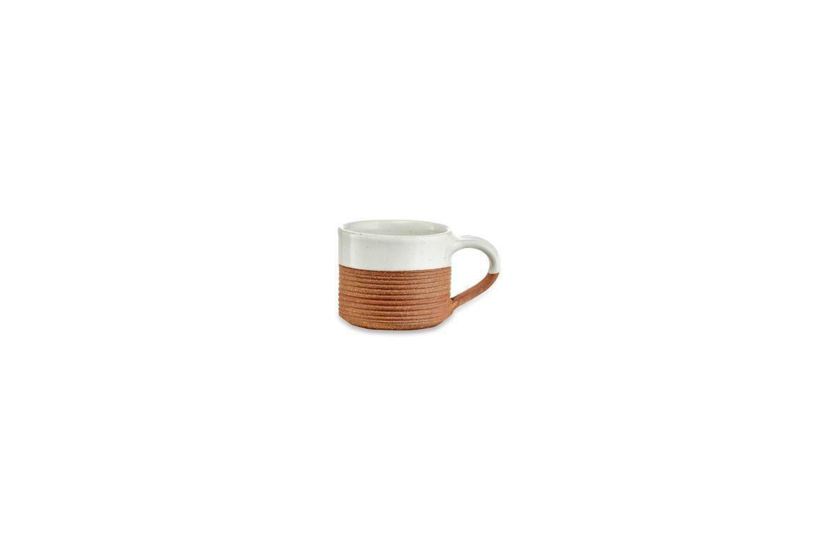 The nkuku Mali Ribbed Espresso Mug - White is a contemporary ceramic mug with a terracotta base, horizontal ribbed texture, and a matching white handle, inspired by classic Mali Ribbed espresso mugs.