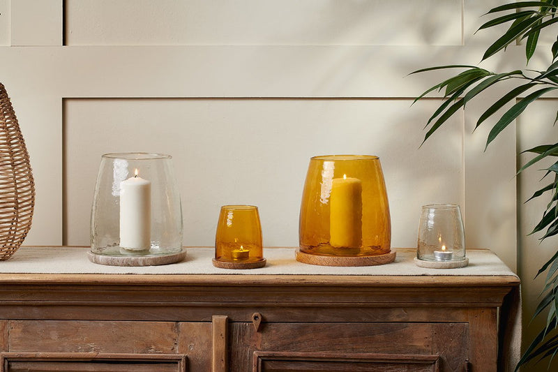 nkuku CANDLES HOLDERS & LANTERNS Sikkim Marble And Recycled Glass Lantern - Amber
